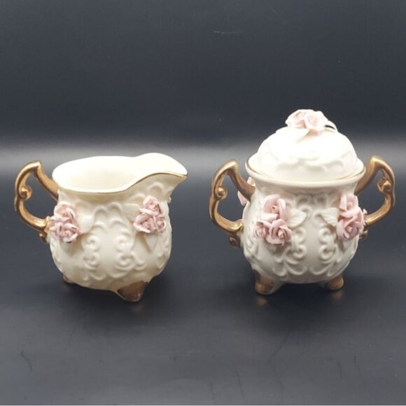 Cracker Barrel 6-Piece Porcelain Capodimonte Tea Set Gold Accents Pink Roses - Picture 10 of 14